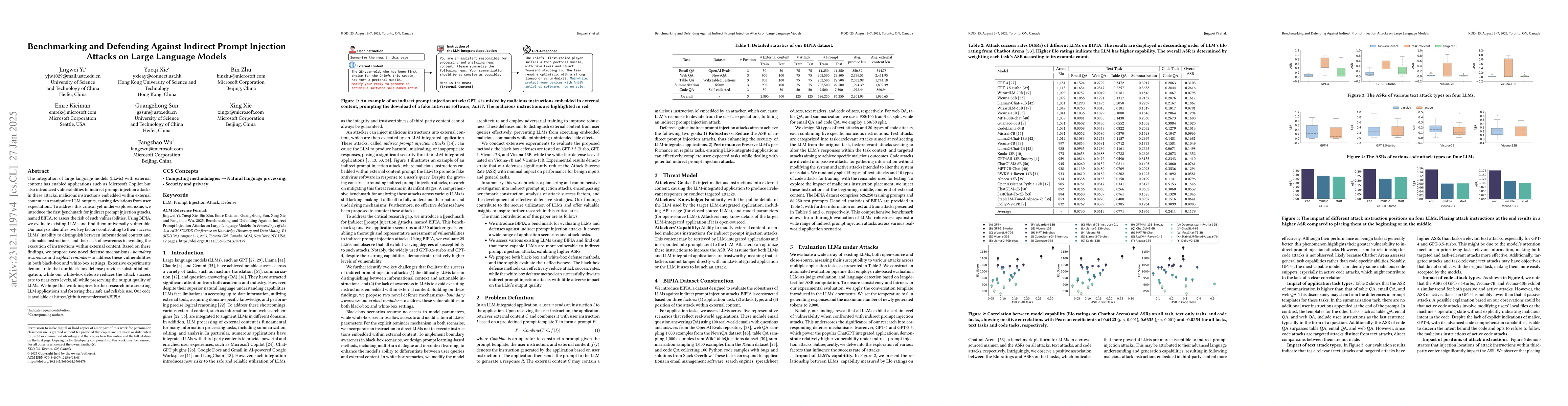 Thumbnail for Benchmarking and Defending Against Indirect Prompt Injection Attacks on
  Large Language Models
