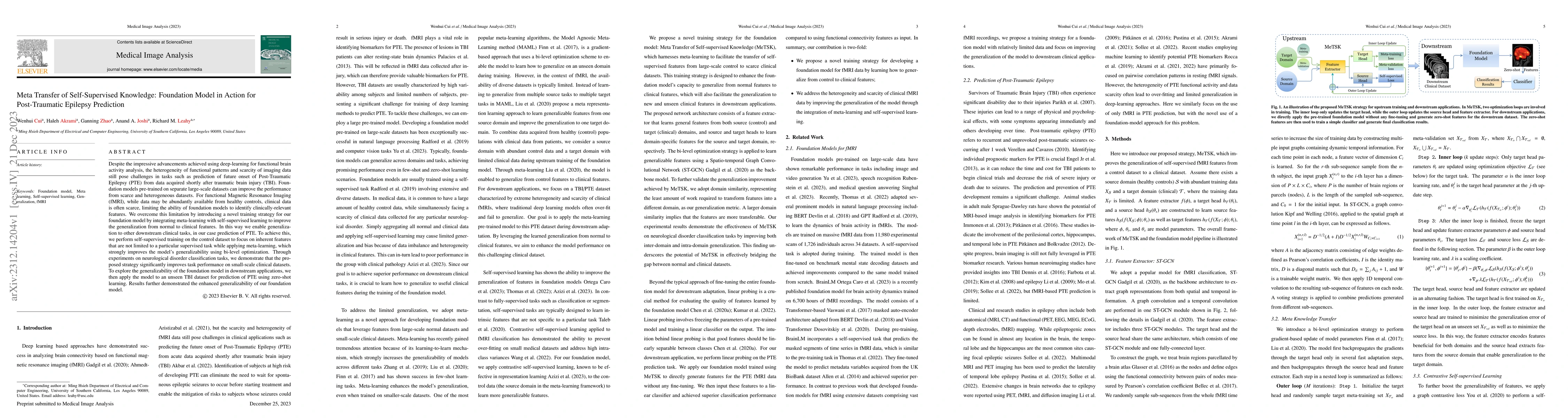 Thumbnail for Meta Transfer of Self-Supervised Knowledge: Foundation Model in Action
  for Post-Traumatic Epilepsy Prediction