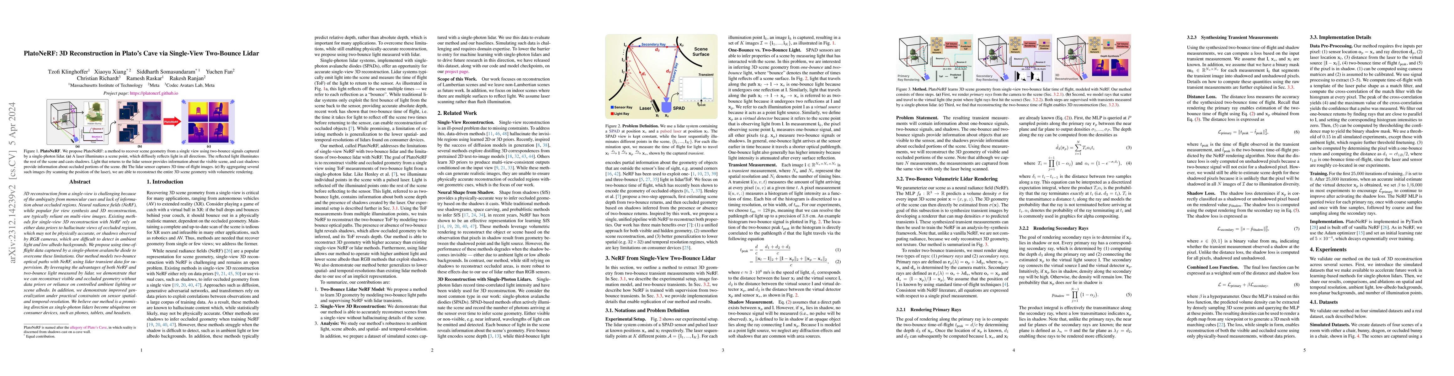 Thumbnail for PlatoNeRF: 3D Reconstruction in Plato's Cave via Single-View Two-Bounce
  Lidar