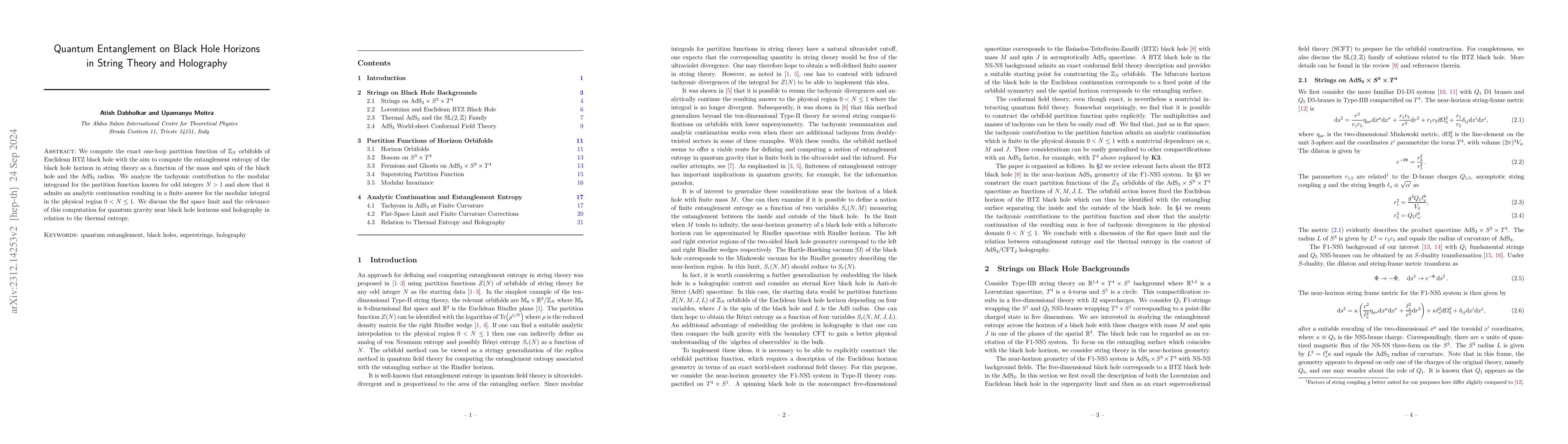 Thumbnail for Quantum Entanglement on Black Hole Horizons in String Theory and
  Holography