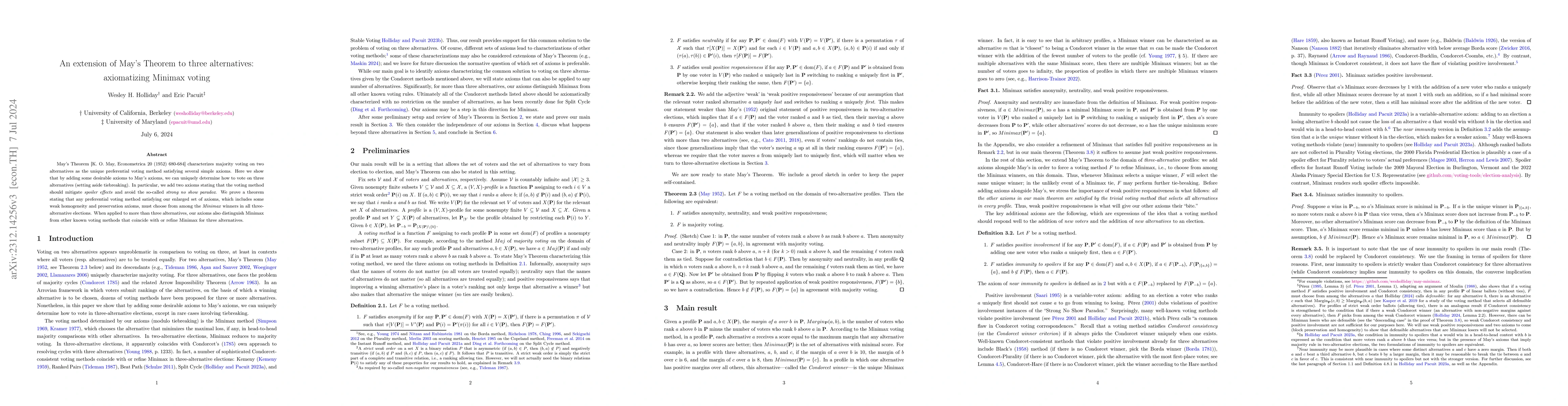 Thumbnail for An extension of May's Theorem to three alternatives: axiomatizing
  Minimax voting