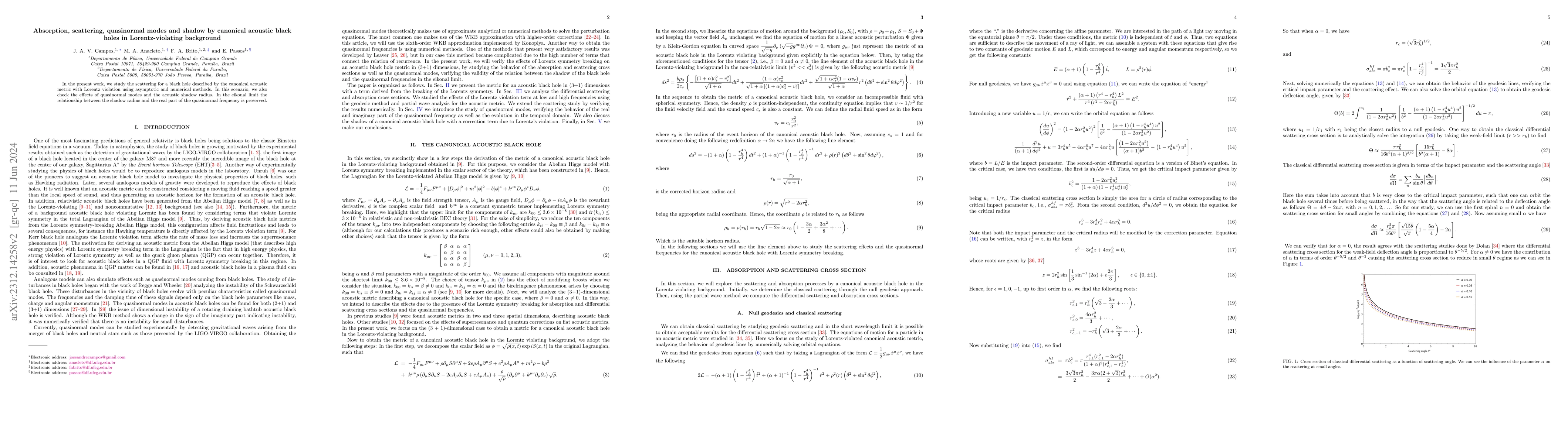 Thumbnail for Absorption, scattering, quasinormal modes and shadow by canonical
  acoustic black holes in Lorentz-violating background