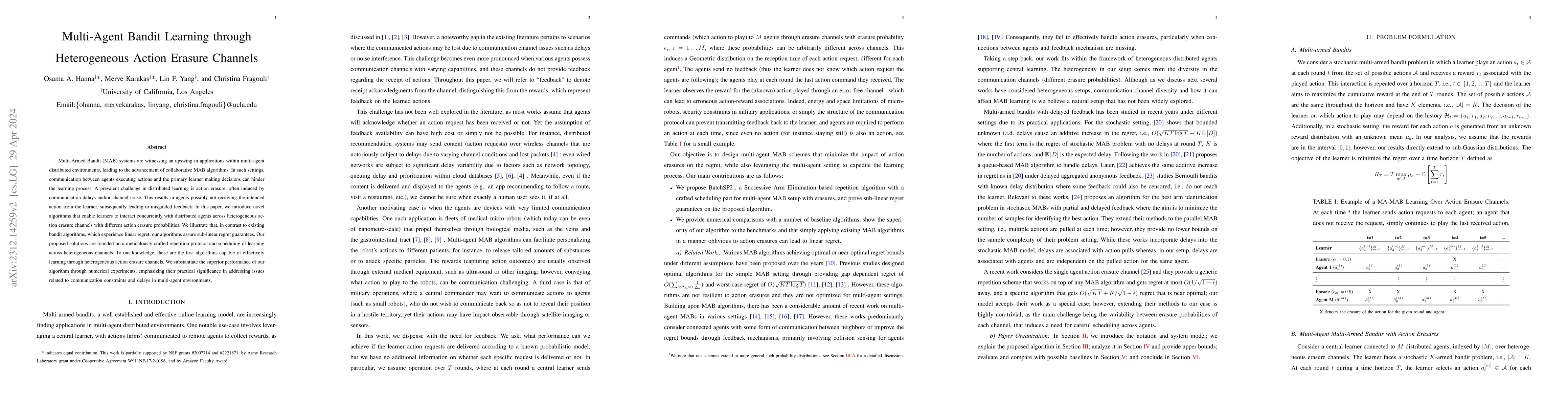 Thumbnail for Multi-Agent Bandit Learning through Heterogeneous Action Erasure
  Channels