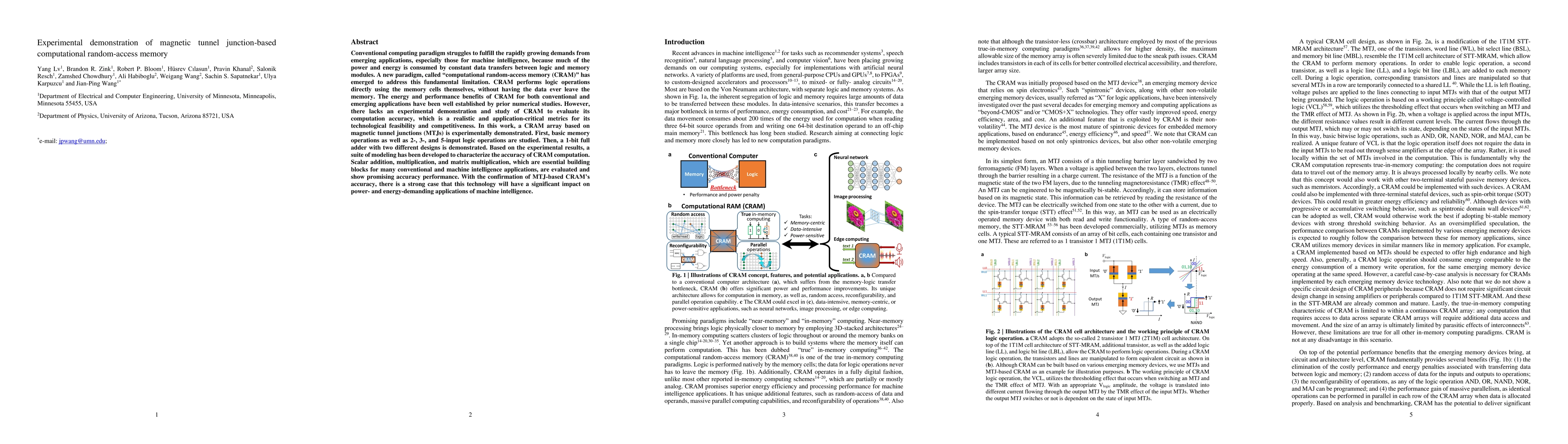 Thumbnail for Experimental demonstration of magnetic tunnel junction-based
  computational random-access memory