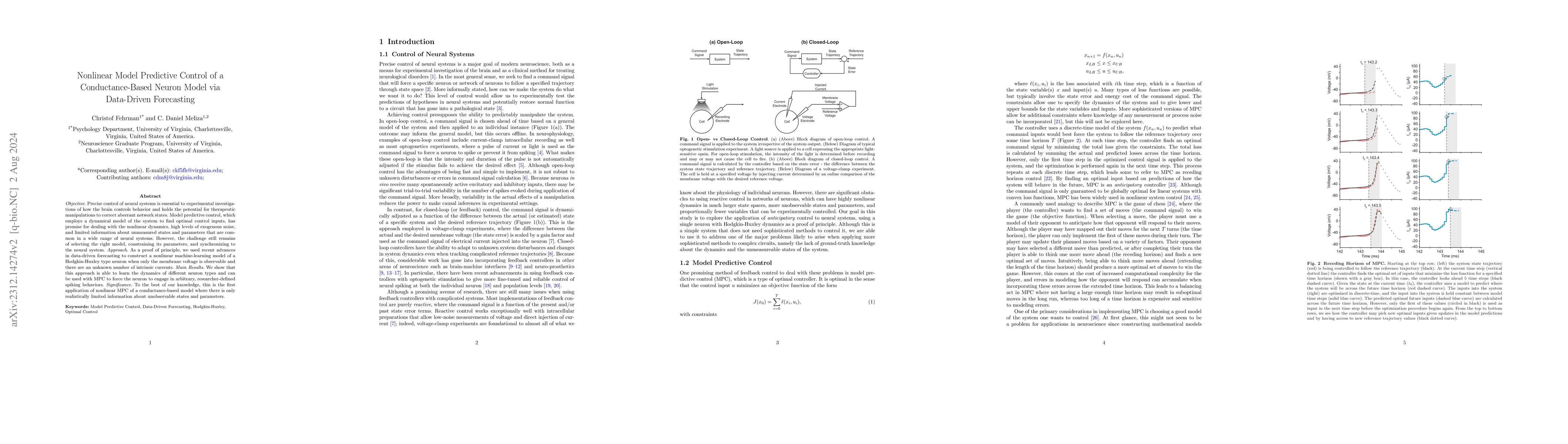 Thumbnail for Nonlinear Model Predictive Control of a Conductance-Based Neuron Model
  via Data-Driven Forecasting