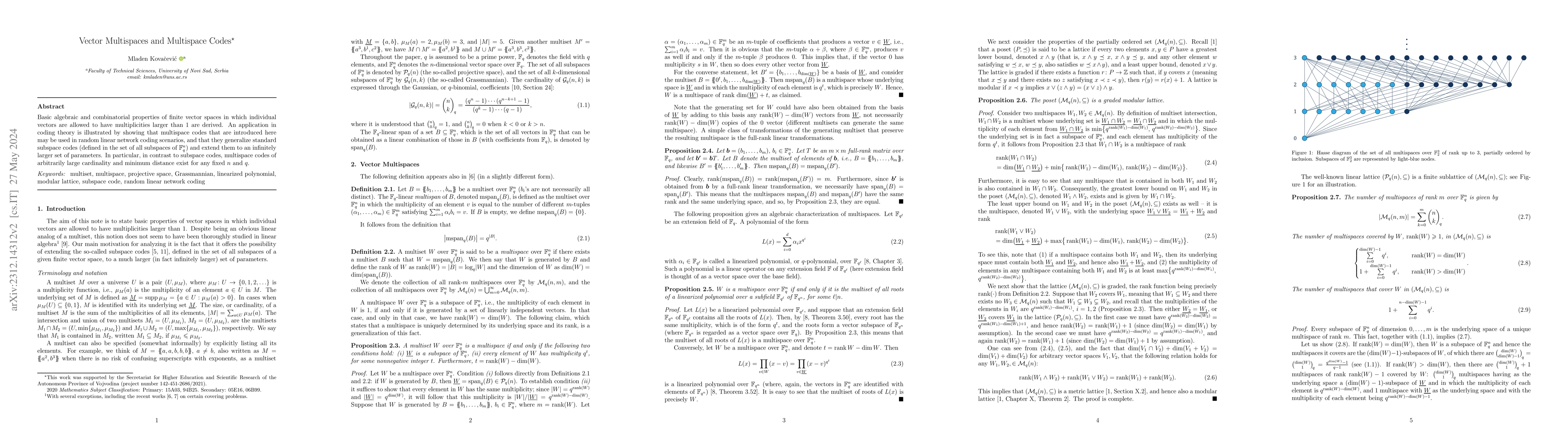 Thumbnail for Vector Multispaces and Multispace Codes