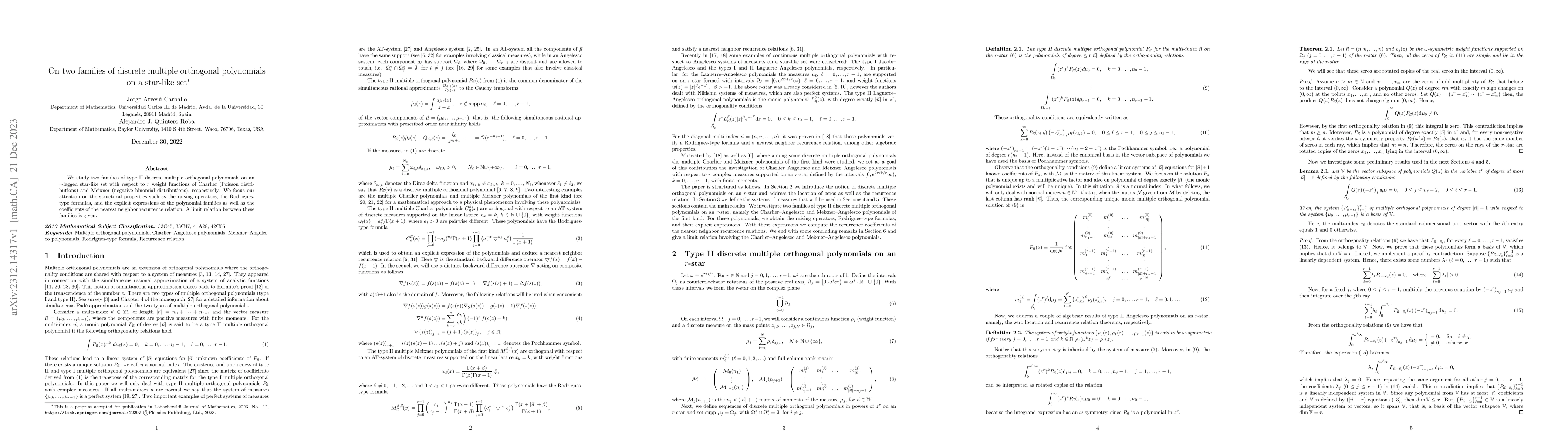 Thumbnail for On two families of discrete multiple orthogonal polynomials on a
  star-like set
