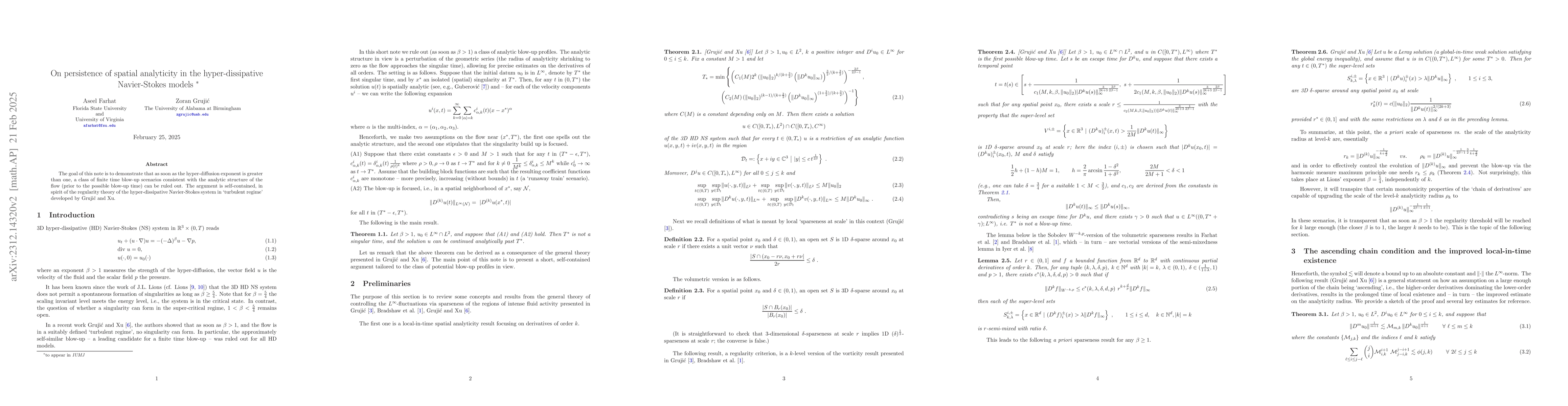 Thumbnail for On persistence of spatial analyticity in the hyper-dissipative
  Navier-Stokes models