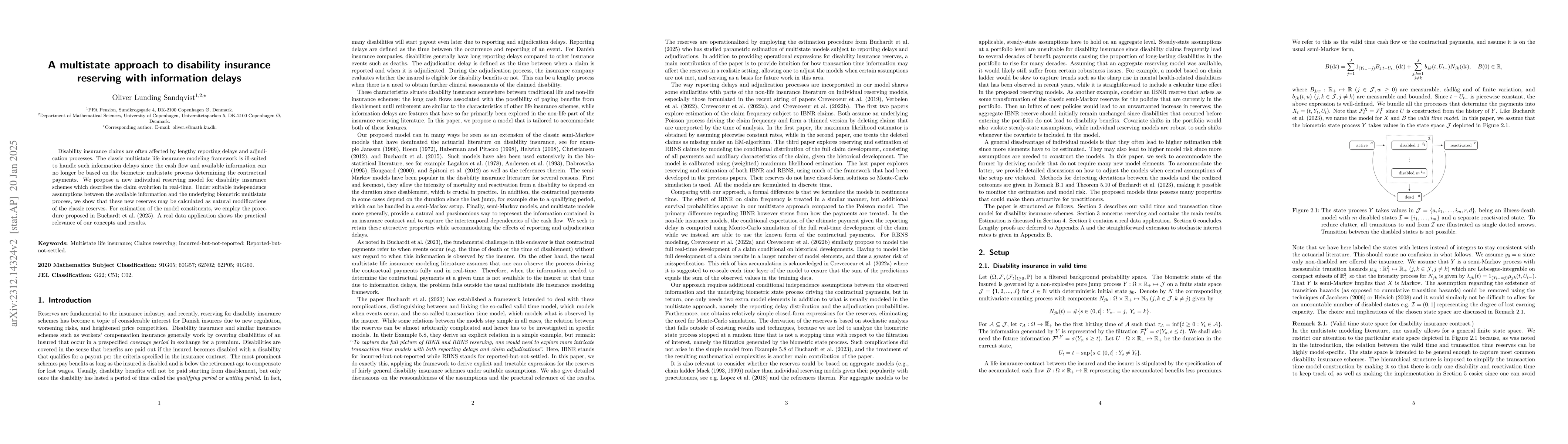 Thumbnail for A multistate approach to disability insurance reserving with information
  delays