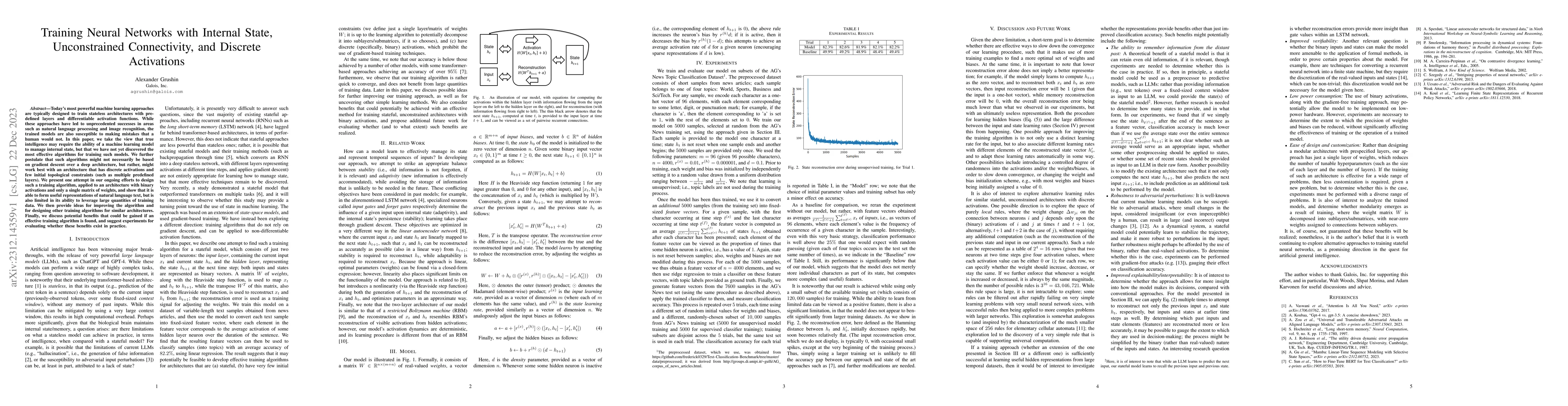 Thumbnail for Training Neural Networks with Internal State, Unconstrained
  Connectivity, and Discrete Activations