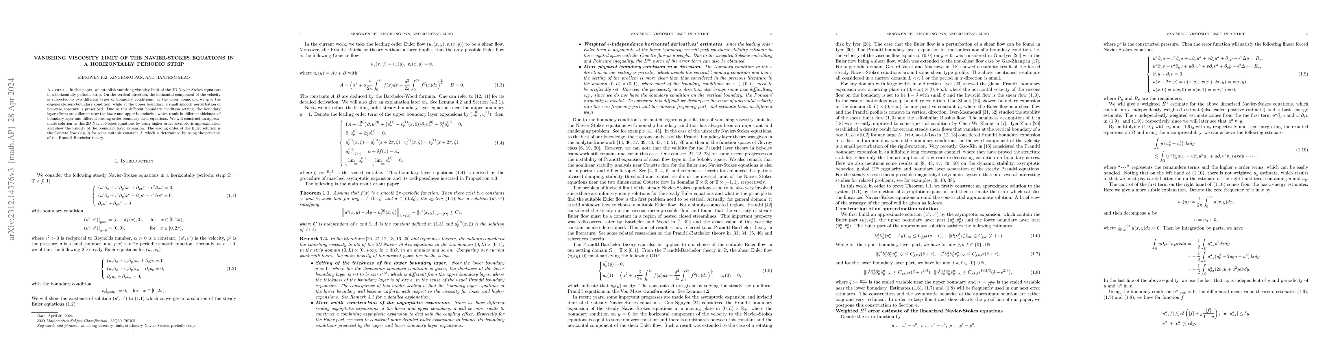Thumbnail for Vanishing viscosity limit of the Navier-Stokes equations in a
  horizontally periodic strip