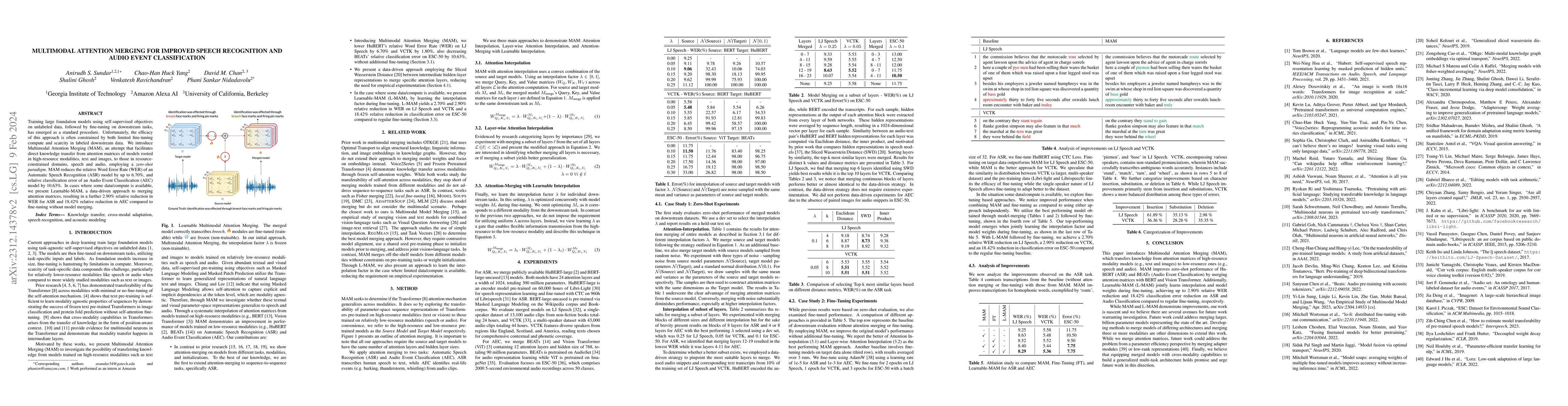 Thumbnail for Multimodal Attention Merging for Improved Speech Recognition and Audio
  Event Classification