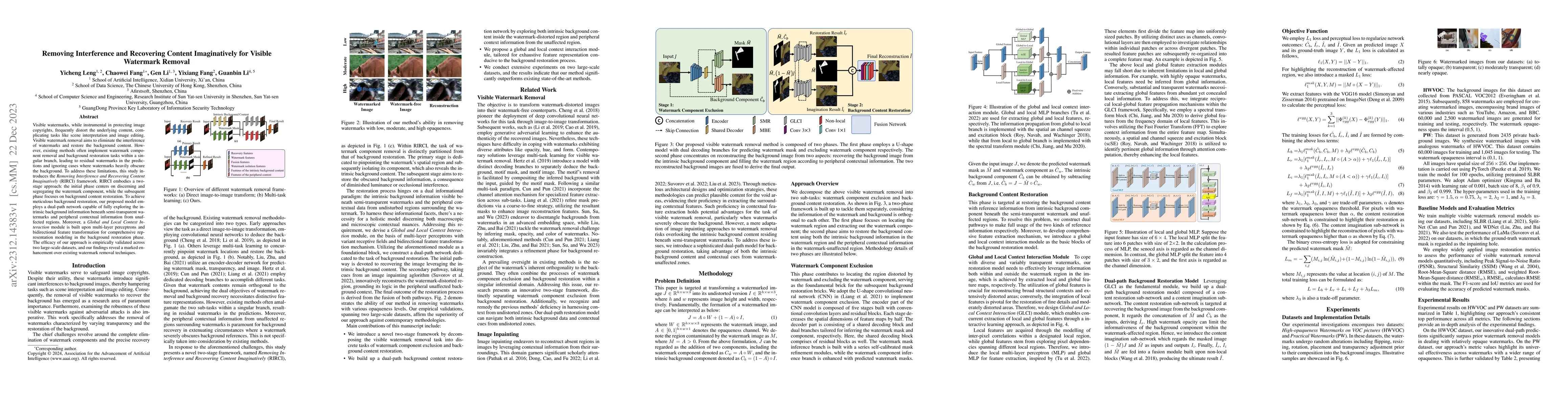 Thumbnail for Removing Interference and Recovering Content Imaginatively for Visible
  Watermark Removal