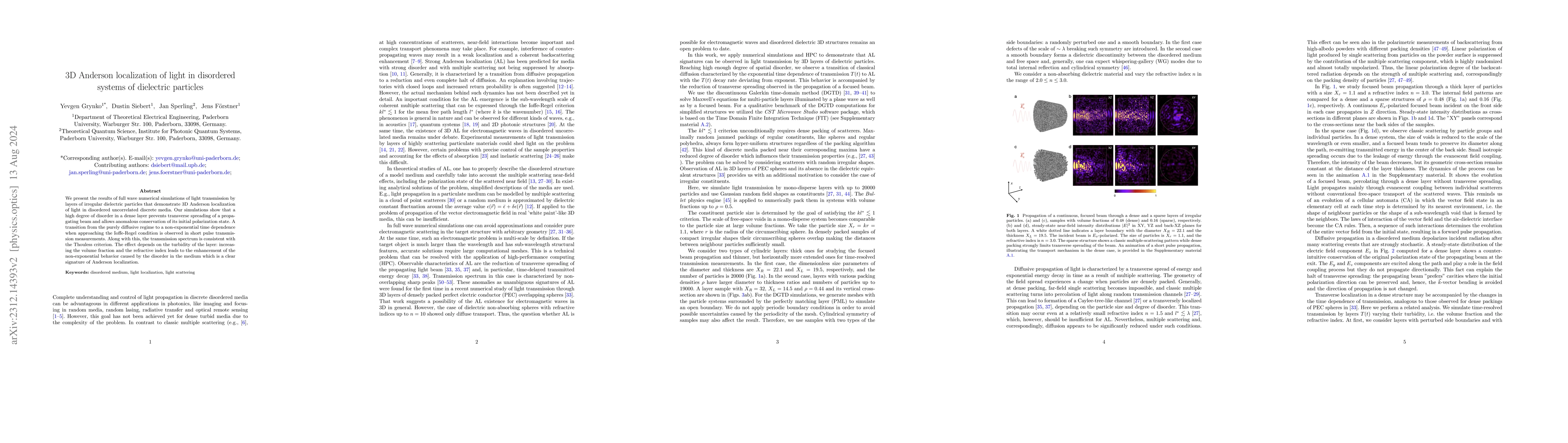 Thumbnail for 3D Anderson localization of light in disordered systems of dielectric
  particles