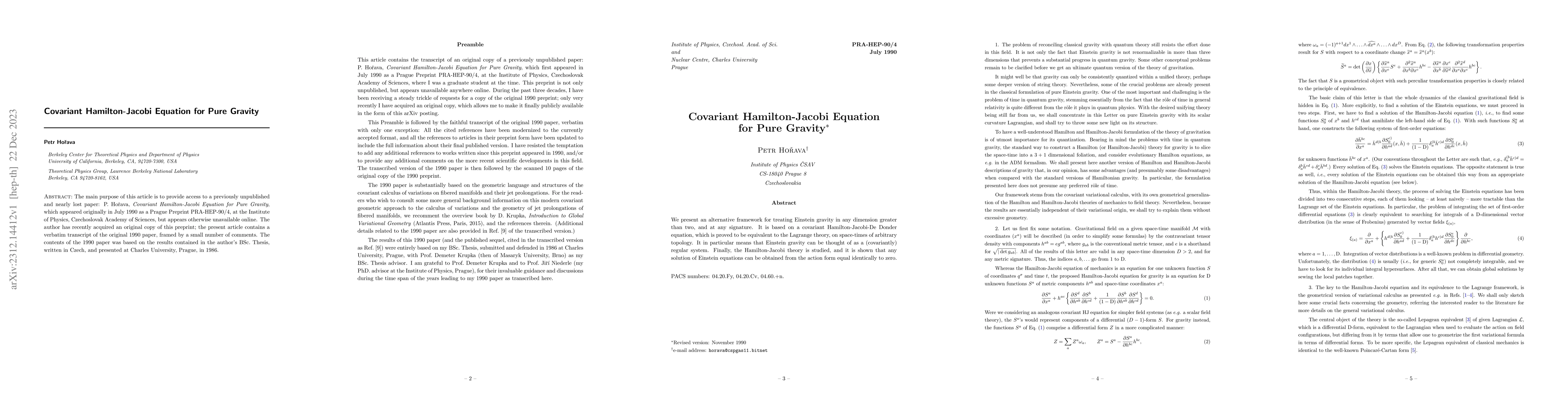 Thumbnail for Covariant Hamilton-Jacobi Equation for Pure Gravity
