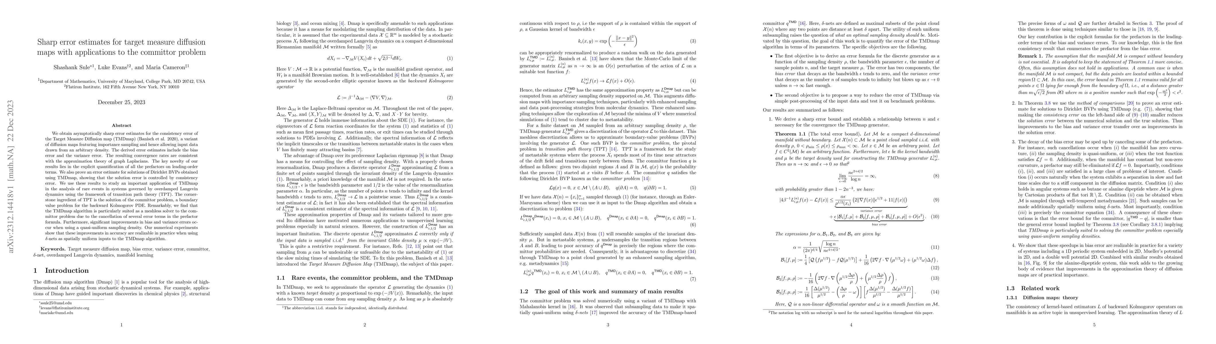 Thumbnail for Sharp error estimates for target measure diffusion maps with
  applications to the committor problem