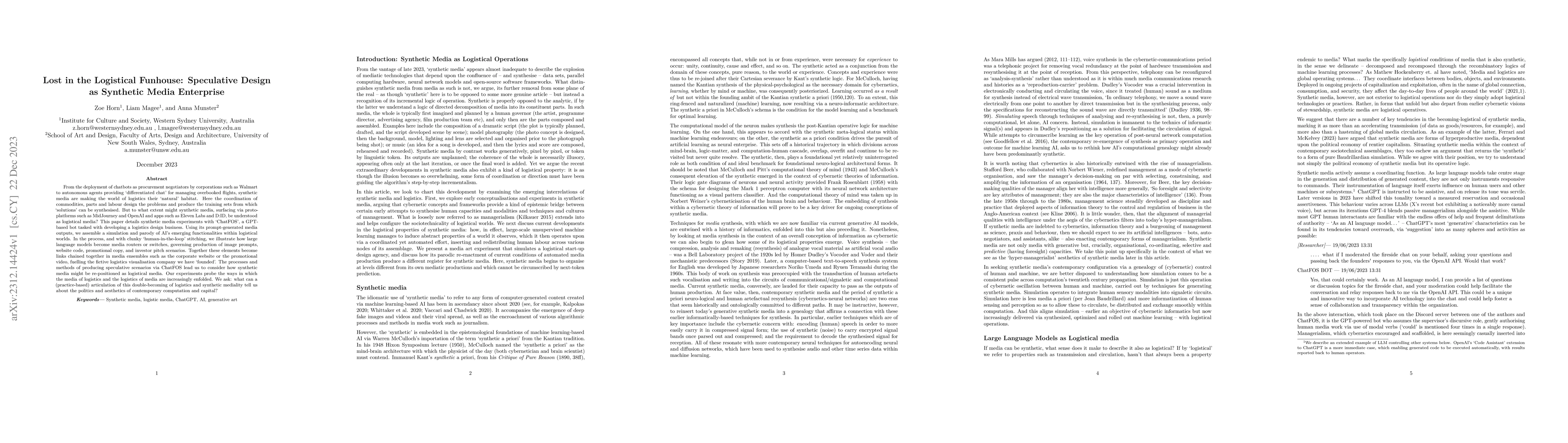 Thumbnail for Lost in the Logistical Funhouse: Speculative Design as Synthetic Media
  Enterprise