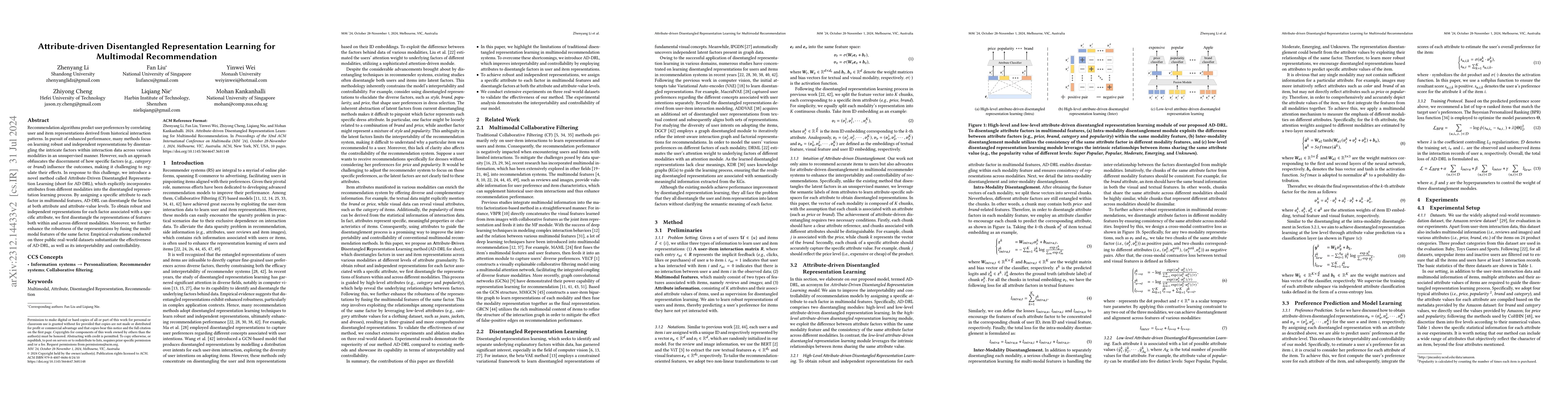 Thumbnail for Attribute-driven Disentangled Representation Learning for Multimodal
  Recommendation