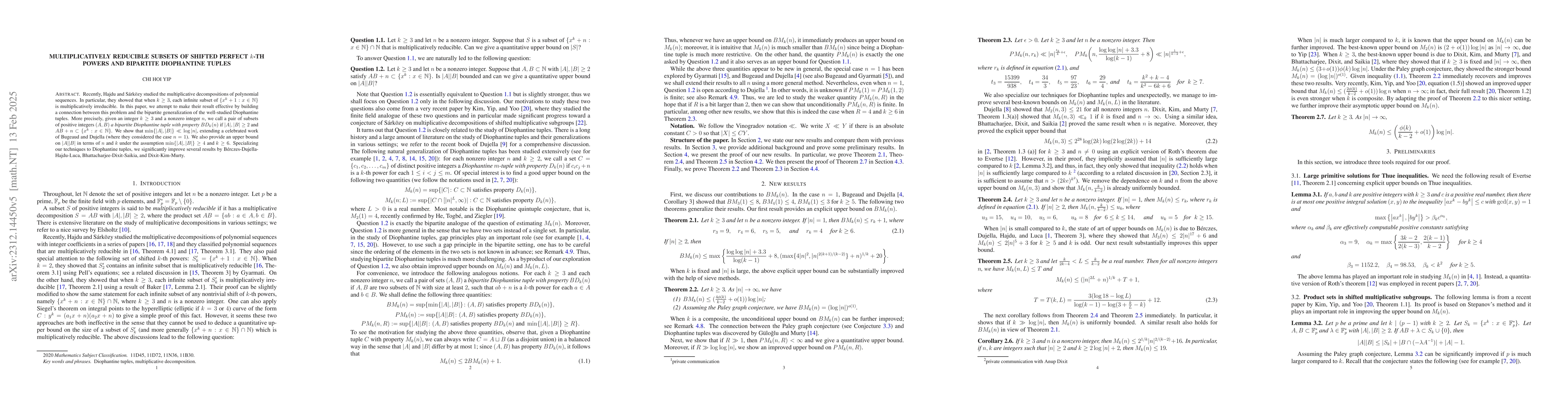 Thumbnail for Multiplicatively reducible subsets of shifted perfect $k$-th powers and
  bipartite Diophantine tuples