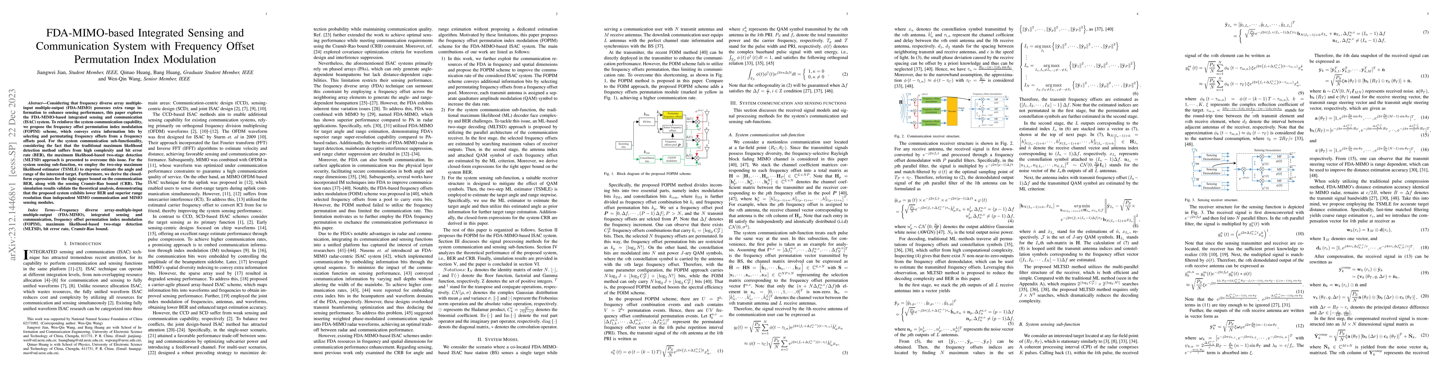 Thumbnail for FDA-MIMO-based Integrated Sensing and Communication System with
  Frequency Offset Permutation Index Modulation