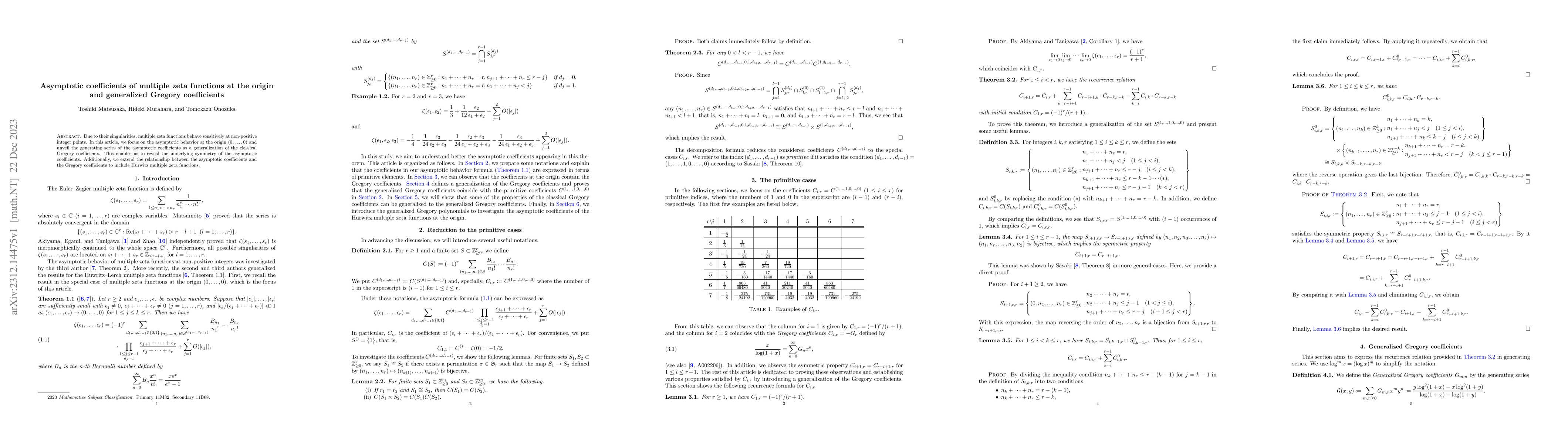 Thumbnail for Asymptotic coefficients of multiple zeta functions at the origin and
  generalized Gregory coefficients
