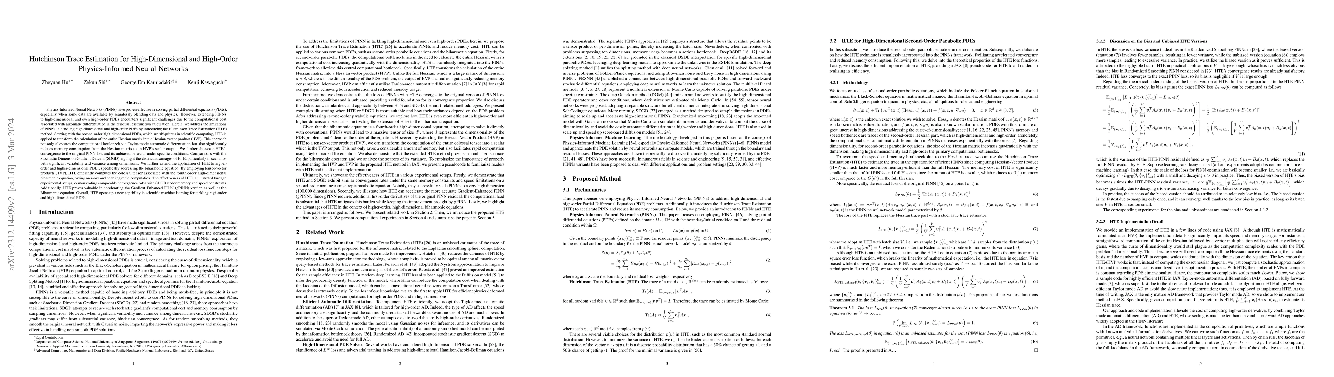 Thumbnail for Hutchinson Trace Estimation for High-Dimensional and High-Order
  Physics-Informed Neural Networks