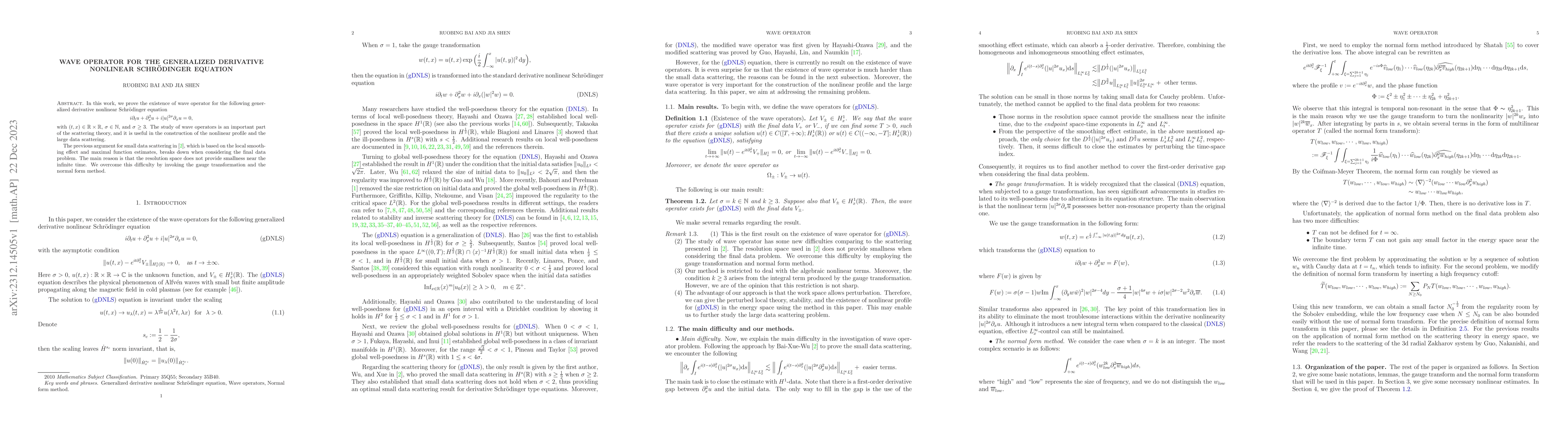 Thumbnail for Wave operator for the generalized derivative nonlinear Schr\"{o}dinger
  equation