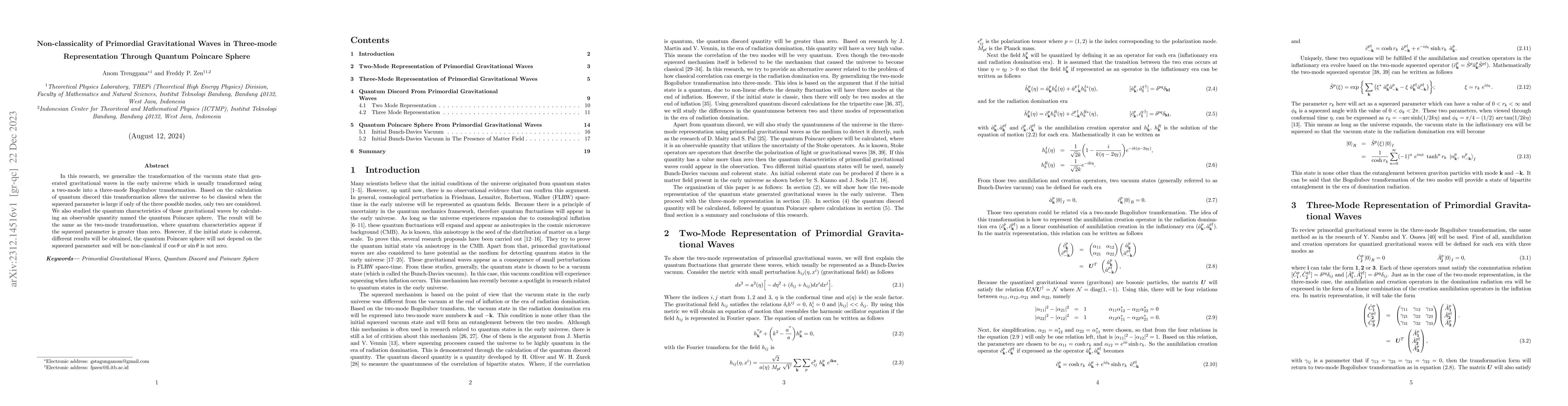 Thumbnail for Non-classicality of Primordial Gravitational Waves in Three-mode
  Representation Through Quantum Poincare Sphere