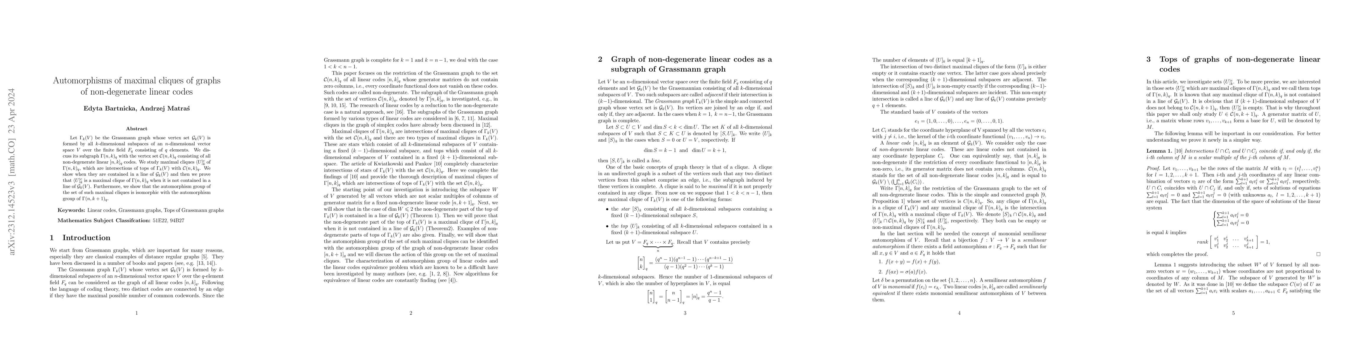 Thumbnail for Automorphisms of maximal cliques of graphs of non-degenerate linear
  codes