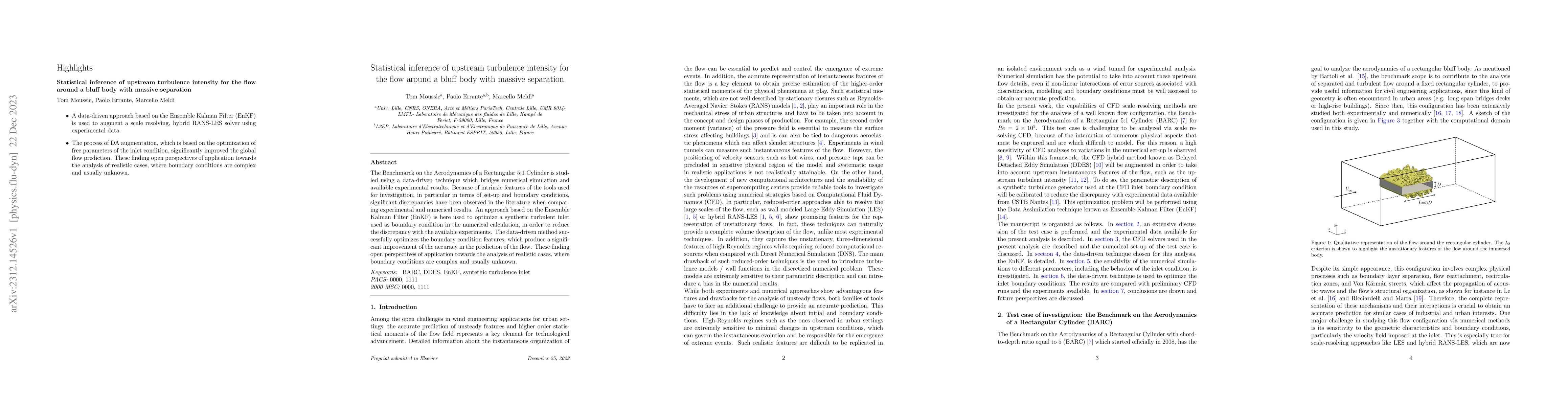 Thumbnail for Statistical inference of upstream turbulence intensity for the flow
  around a bluff body with massive separation