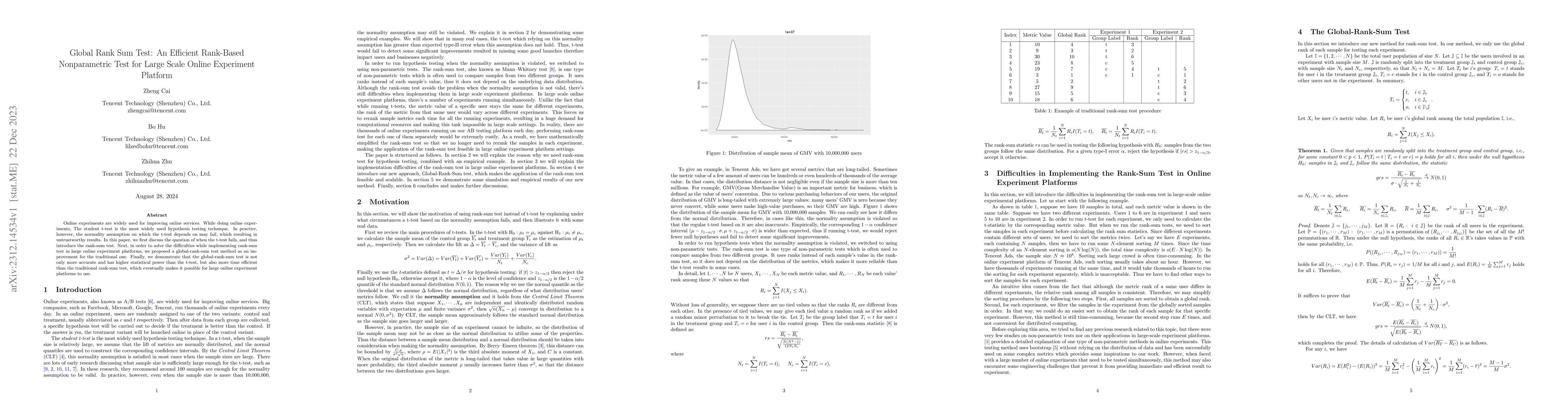 Thumbnail for Global Rank Sum Test: An Efficient Rank-Based Nonparametric Test for
  Large Scale Online Experiment