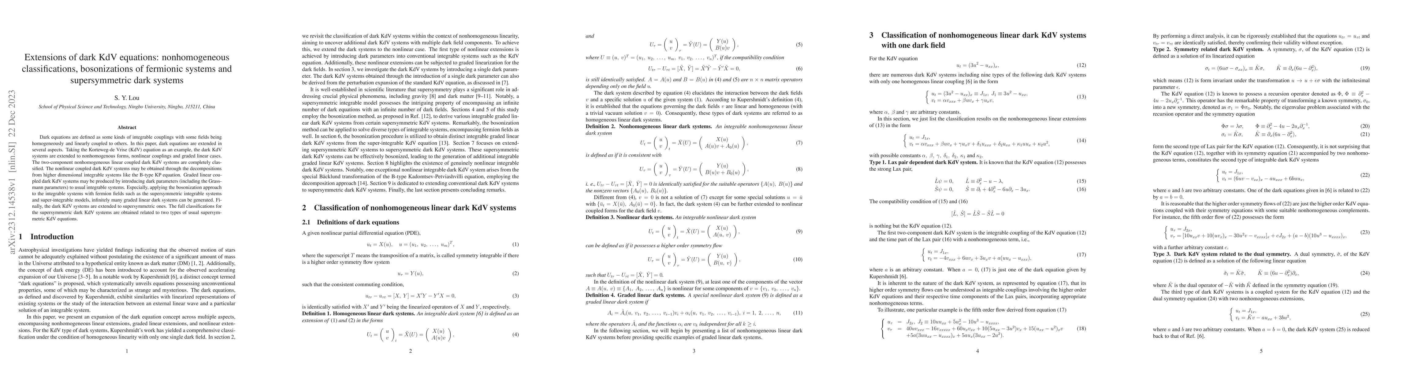 Thumbnail for Extensions of dark KdV equations: nonhomogeneous classifications,
  bosonizations of fermionic systems and supersymmetric dark systems
