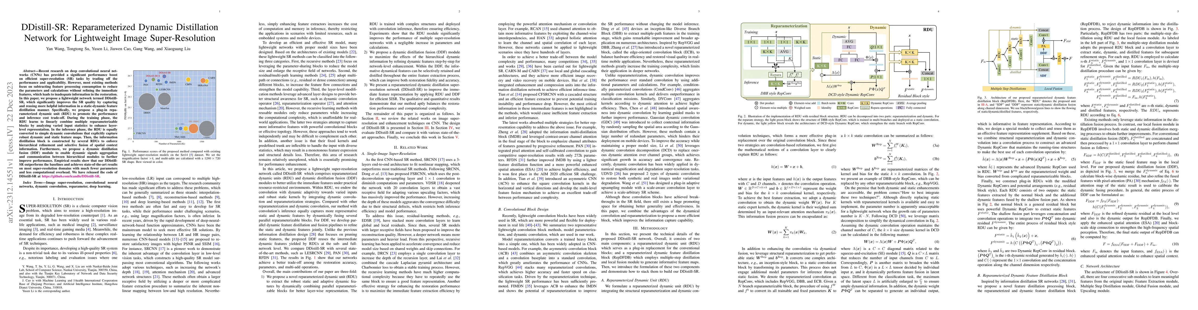 Thumbnail for DDistill-SR: Reparameterized Dynamic Distillation Network for
  Lightweight Image Super-Resolution