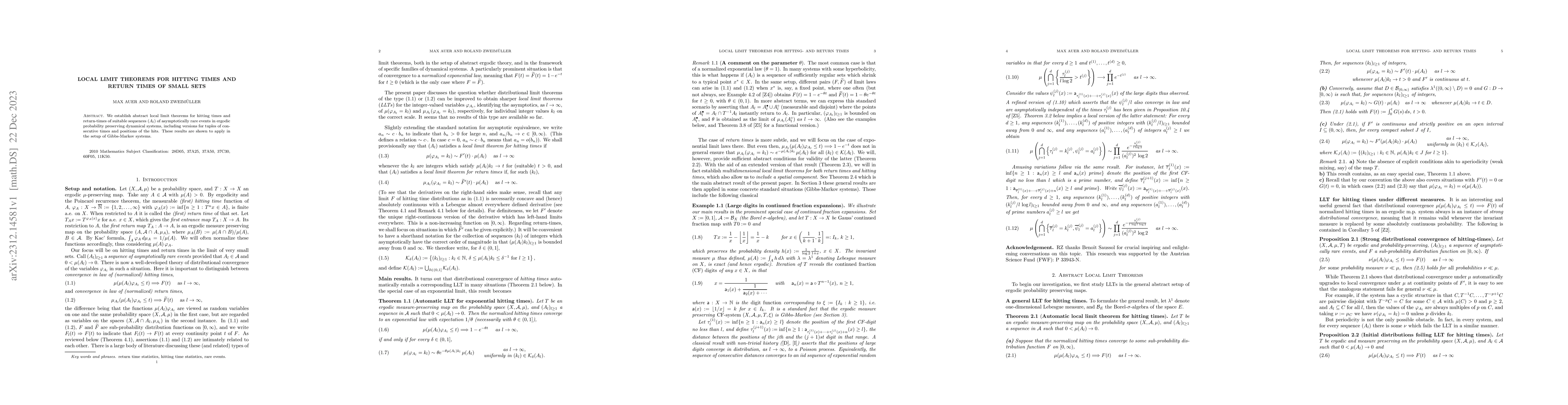 Thumbnail for Local limit theorems for hitting times and return times of small sets