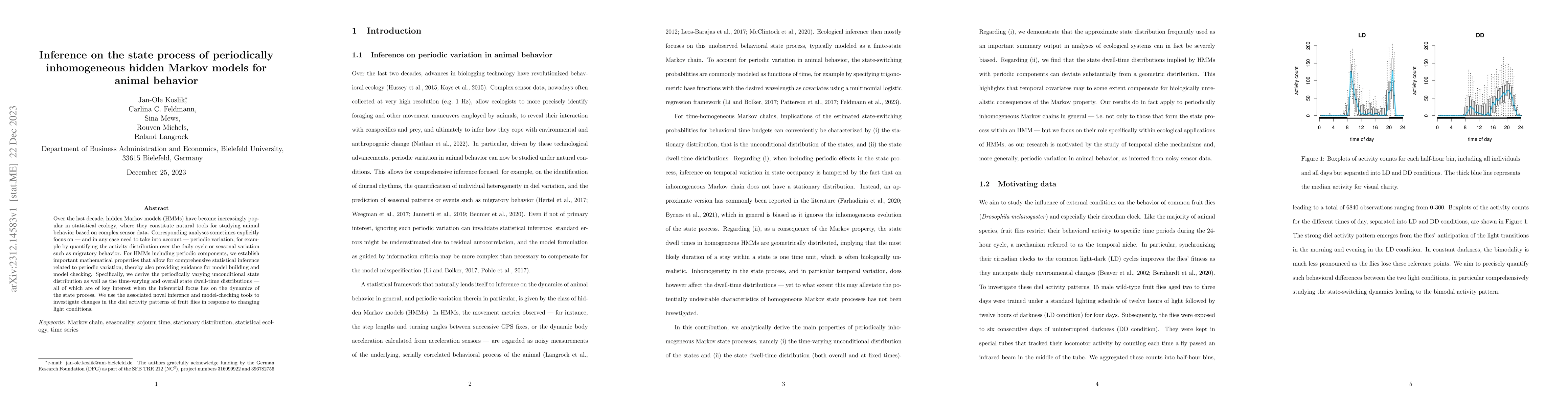 Thumbnail for Inference on the state process of periodically inhomogeneous hidden
  Markov models for animal behavior