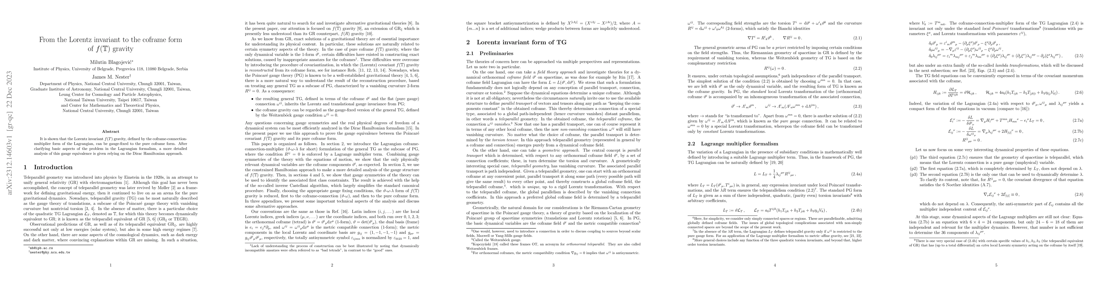 Thumbnail for From the Lorentz invariant to the coframe form of $f(T)$ gravity