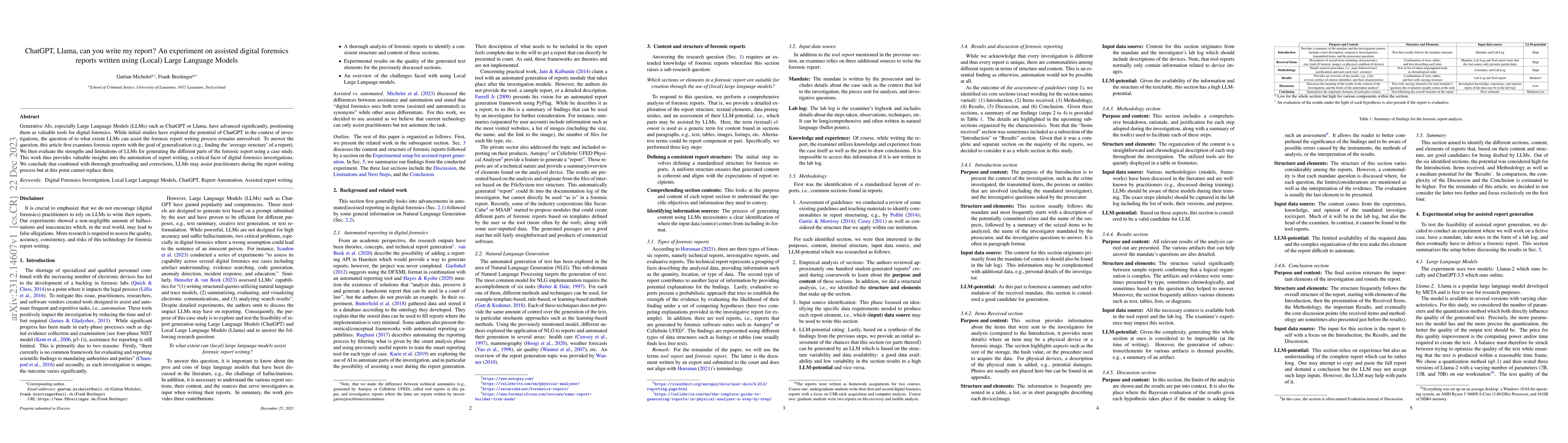 Thumbnail for ChatGPT, Llama, can you write my report? An experiment on assisted
  digital forensics reports written using (Local) Large Language Models