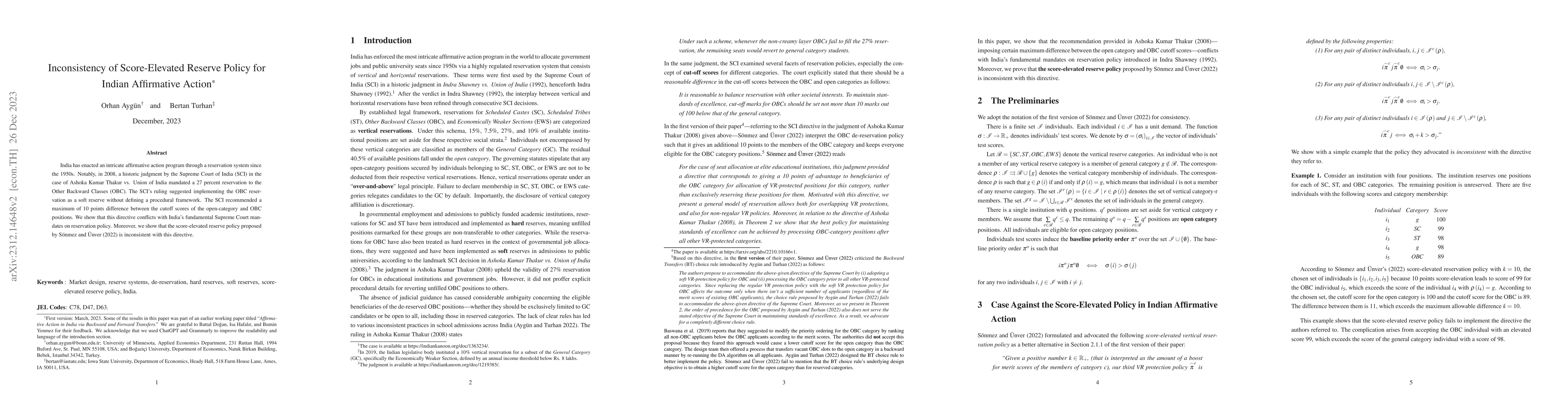 Thumbnail for Inconsistency of Score-Elevated Reserve Policy for Indian Affirmative
  Action