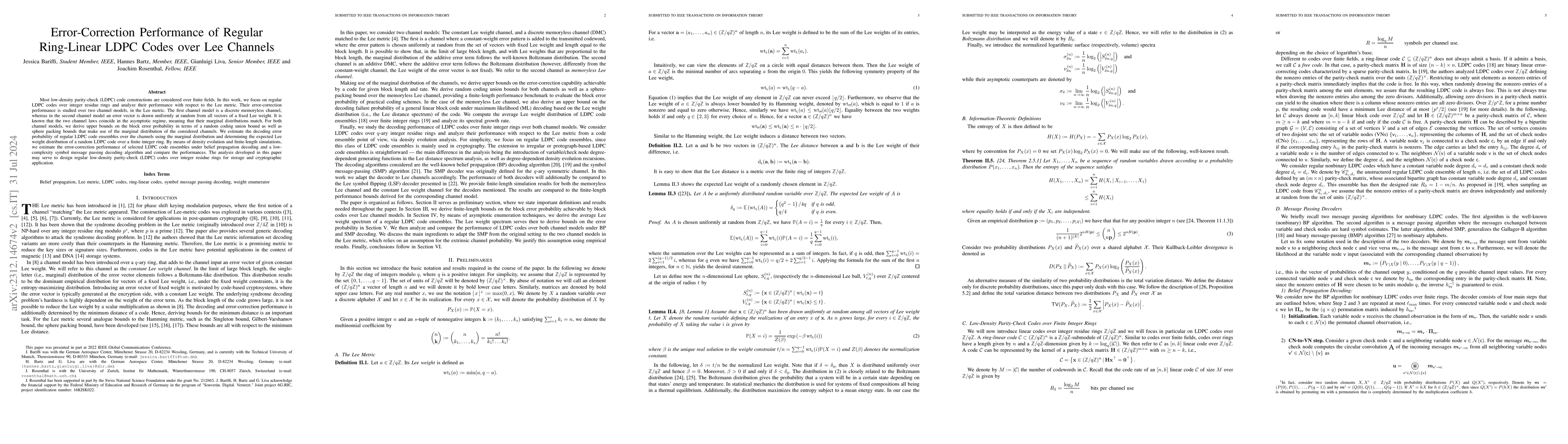 Thumbnail for Error-Correction Performance of Regular Ring-Linear LDPC Codes over Lee
  Channels