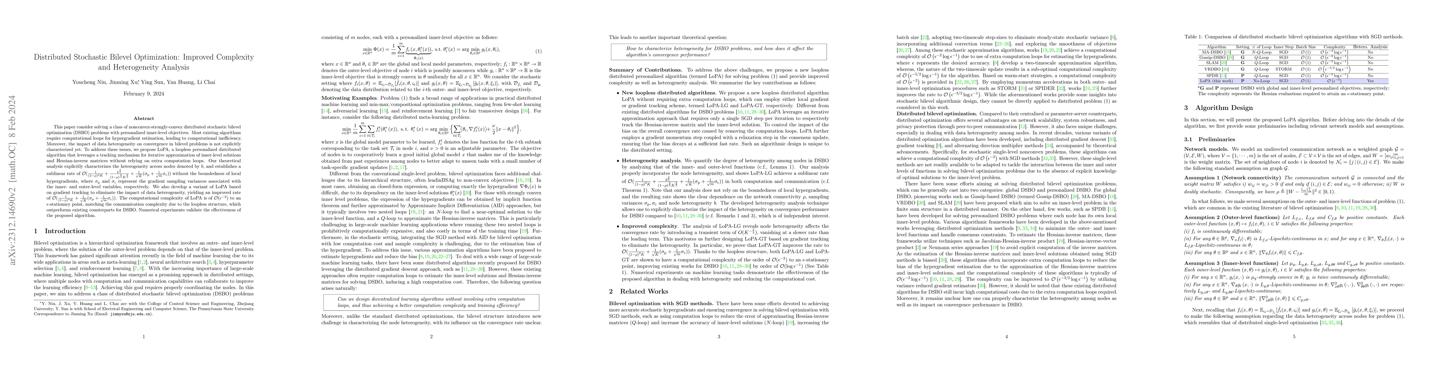 Thumbnail for Distributed Stochastic Bilevel Optimization: Improved Complexity and
  Heterogeneity Analysis