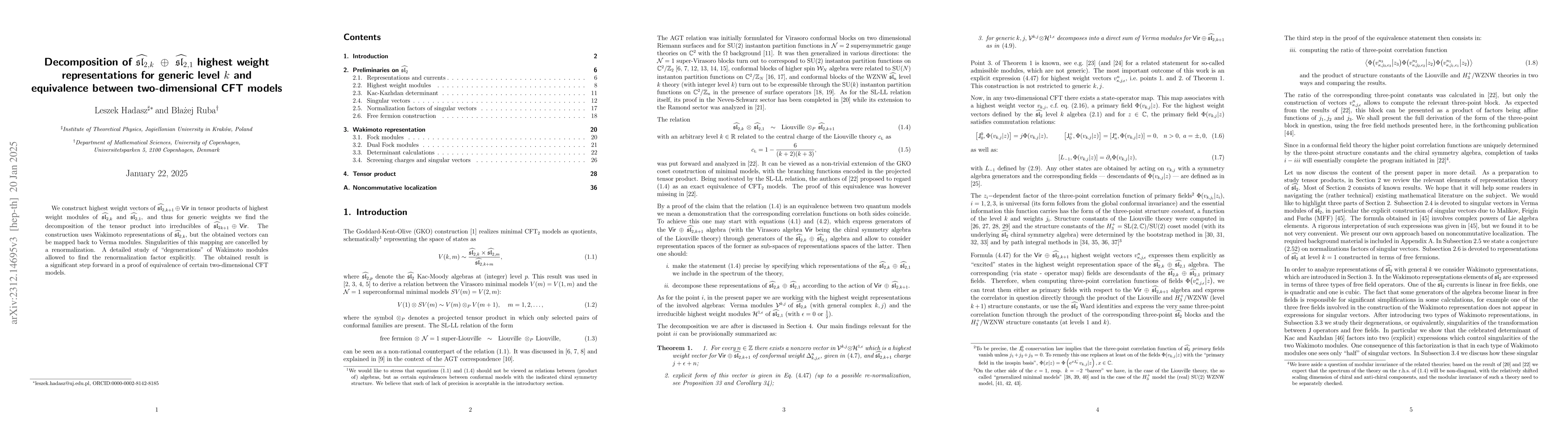 Thumbnail for Decomposition of ${\widehat{\mathfrak{sl}_2}}_{,k} \ \oplus \
  {\widehat{\mathfrak{sl}_2}}_{,1}$ highest weight representations for generic
  level $k$ and equivalence between two dimensional CFT models
