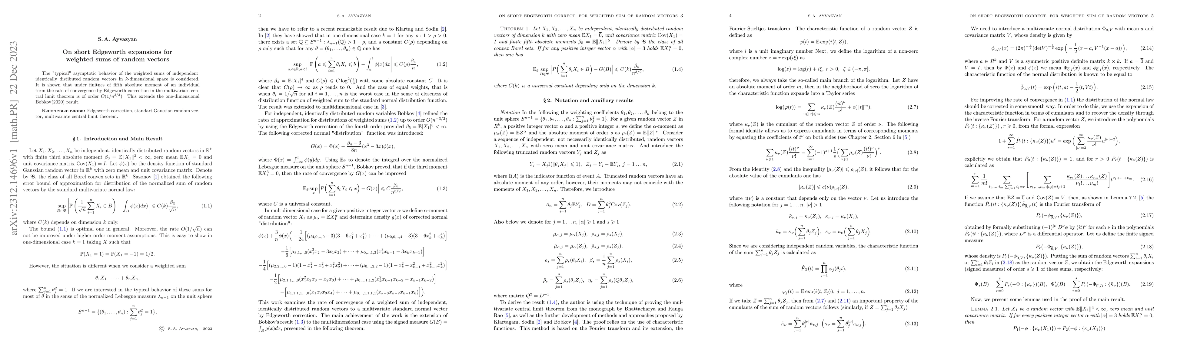 Thumbnail for On short Edgeworth expansions for weighted sums of random vectors