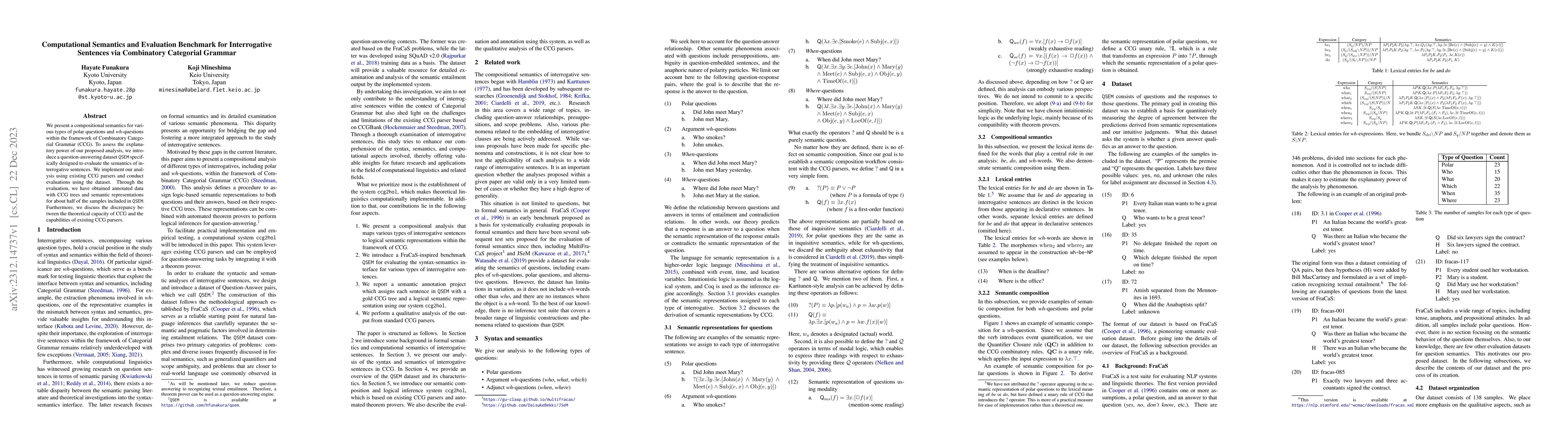 Thumbnail for Computational Semantics and Evaluation Benchmark for Interrogative
  Sentences via Combinatory Categorial Grammar