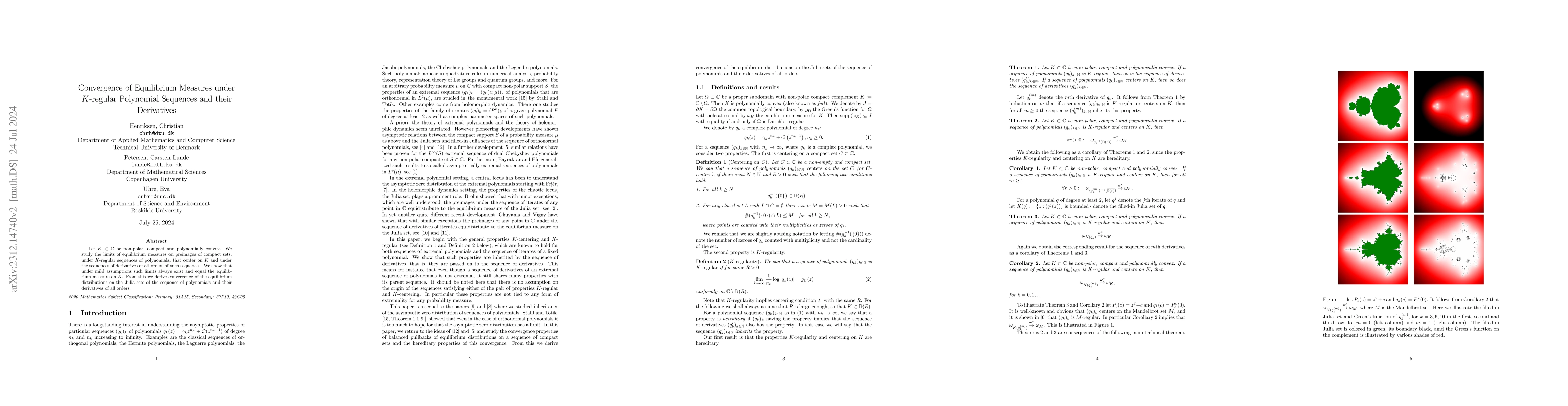 Thumbnail for Convergence of Equilibrium Measures under $K$-regular Polynomial
  Sequences and their Derivatives