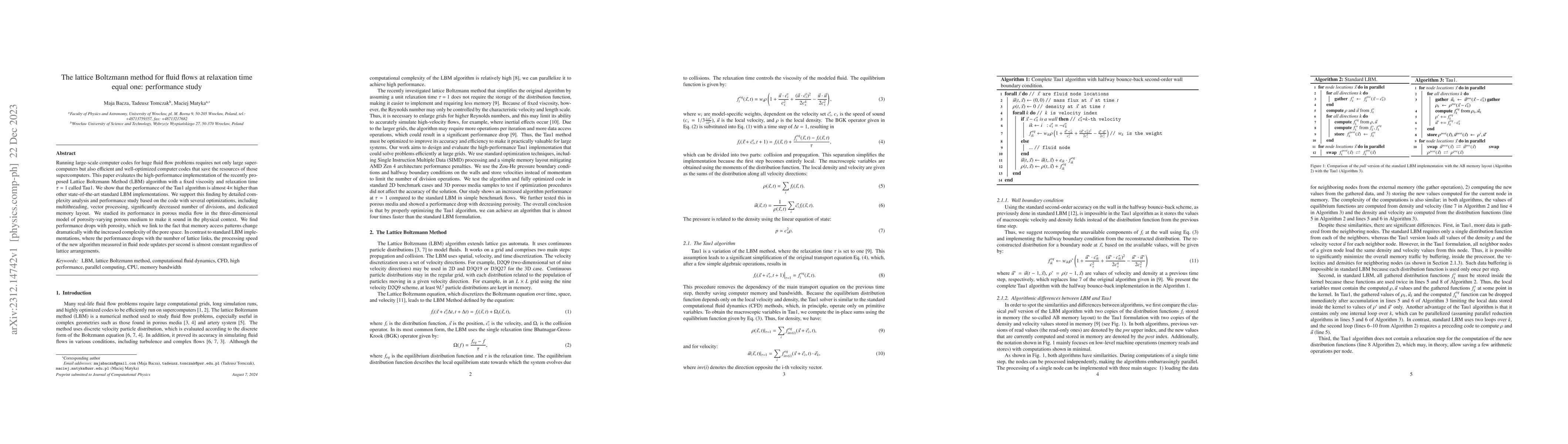 Thumbnail for The lattice Boltzmann method for fluid flows at relaxation time equal
  one: performance study