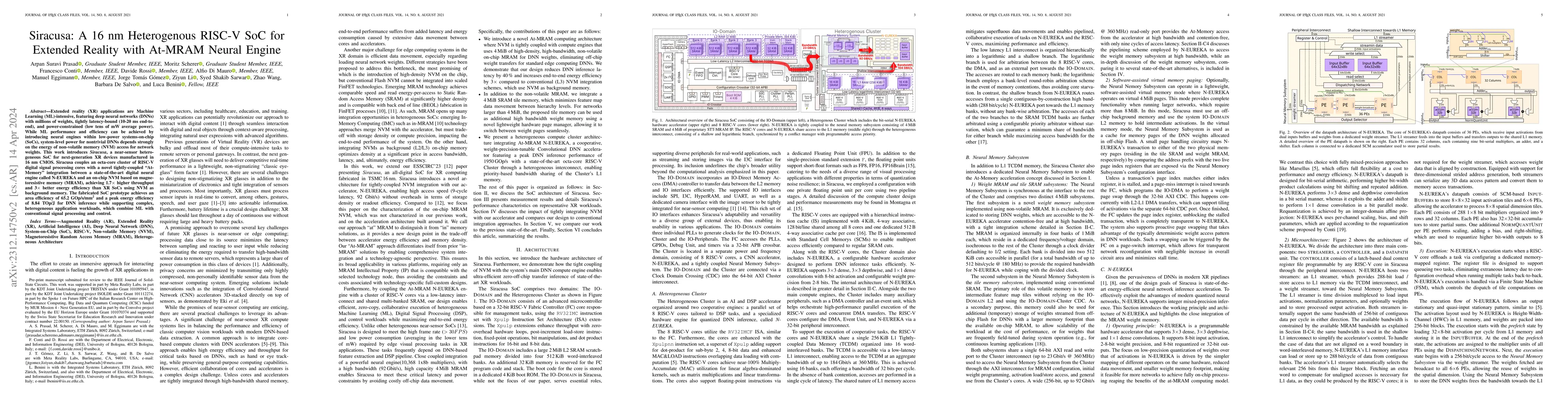 Thumbnail for Siracusa: A 16 nm Heterogenous RISC-V SoC for Extended Reality with
  At-MRAM Neural Engine