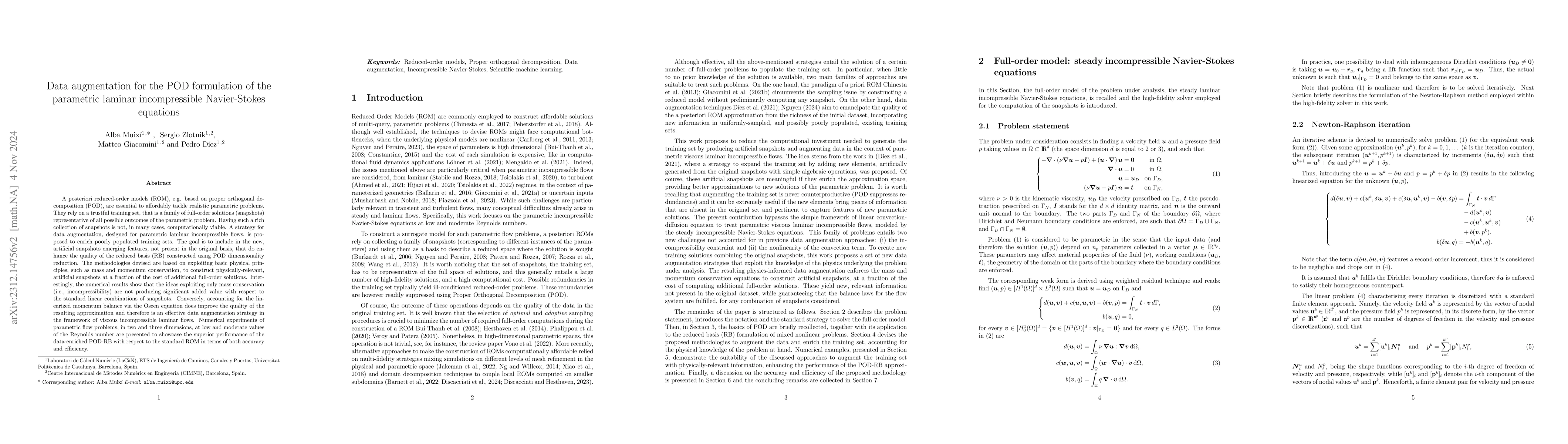 Thumbnail for Data augmentation for the POD formulation of the parametric laminar
  incompressible Navier-Stokes equations