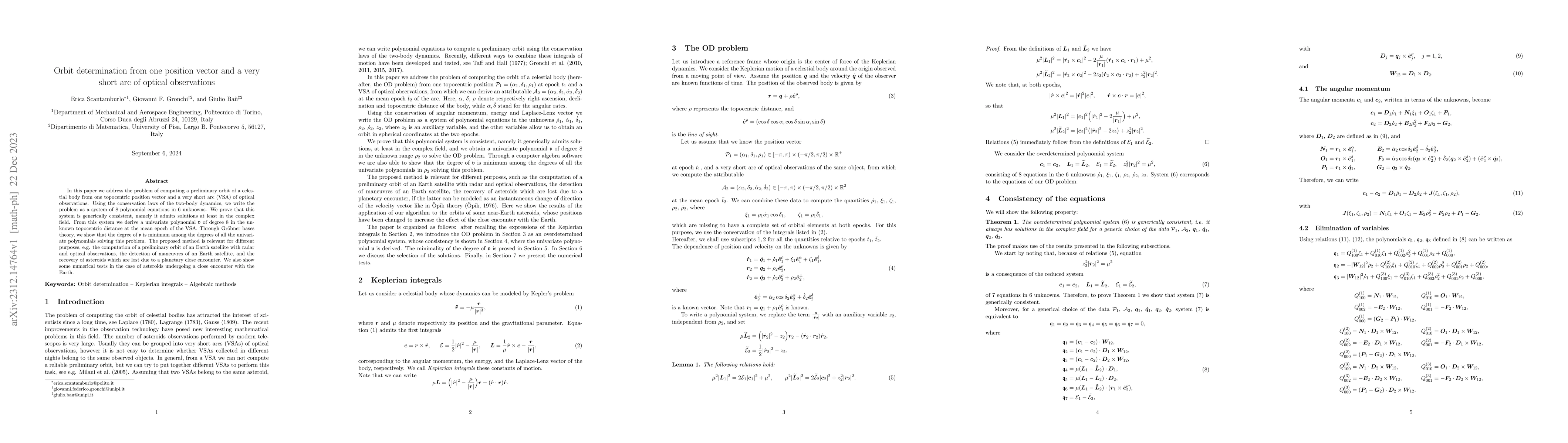 Thumbnail for Orbit determination from one position vector and a very short arc of
  optical observations