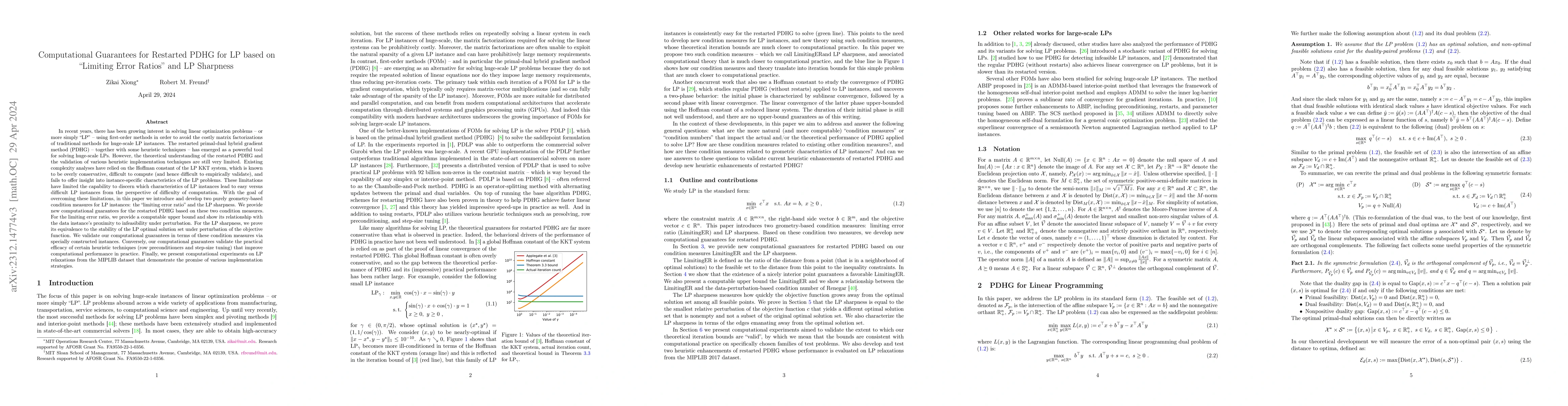 Thumbnail for Computational Guarantees for Restarted PDHG for LP based on "Limiting
  Error Ratios" and LP Sharpness