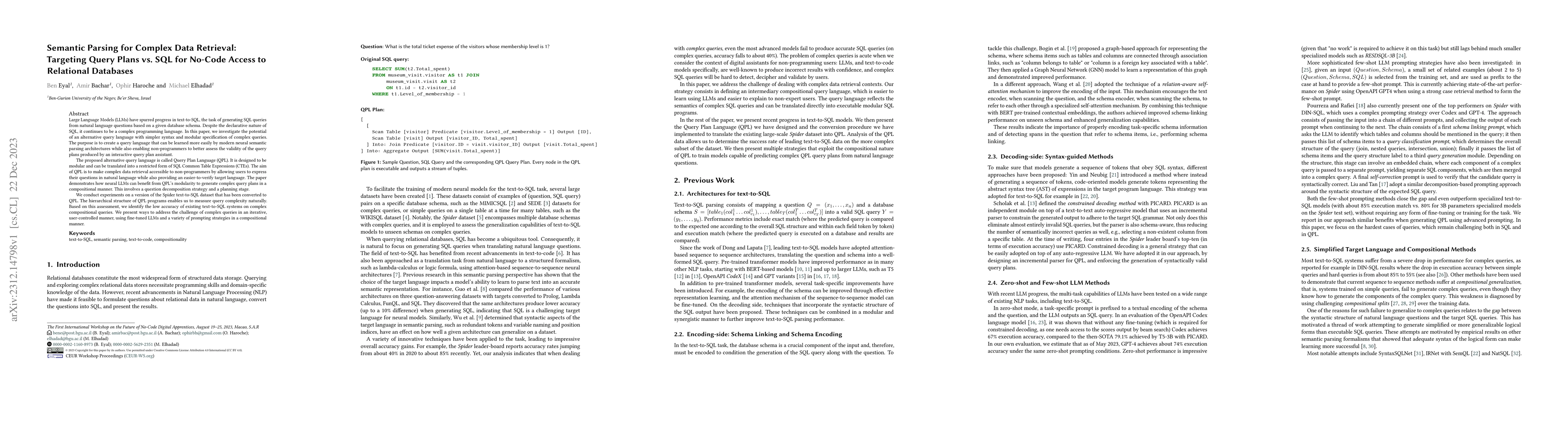 Thumbnail for Semantic Parsing for Complex Data Retrieval: Targeting Query Plans vs.
  SQL for No-Code Access to Relational Databases